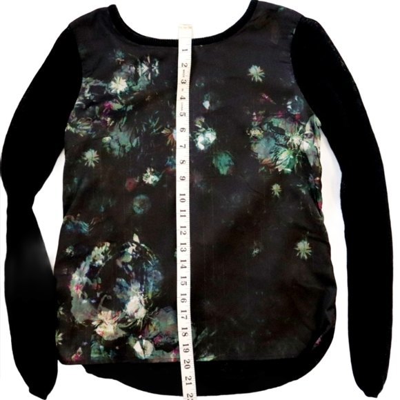 H & M Silky Floral Print Top Black Long Sleeve Mesh Back Keyhole Closure Size XS - Picture 6 of 11